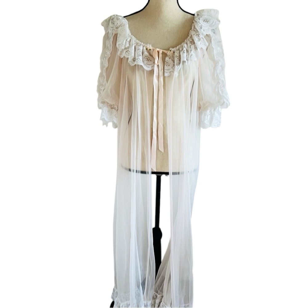Vintage Peignoir Lace Trim Sheer Open Front Nightgown Robe